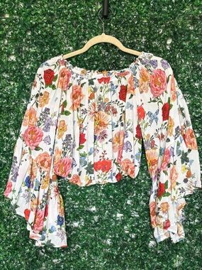 Olivaceous White Off-Shoulder Floral Peasant Blouse